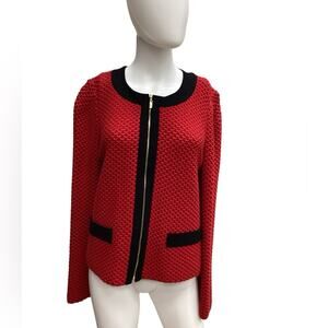St. John Sport Women’s Cardigan Size 8 Fine Knit Zipper Faux Pockets Red & Black
